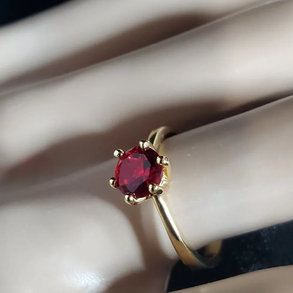Poppy Engagement Ring 1k CZ Solitaire - Ruby Red on Yellow Gold - Picture 6 of 11